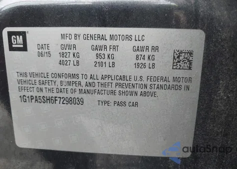 2015 Chevrolet Cruze Ls Auto z USA, uszkodzony, nr VIN 1G1PA5SH6F7298039